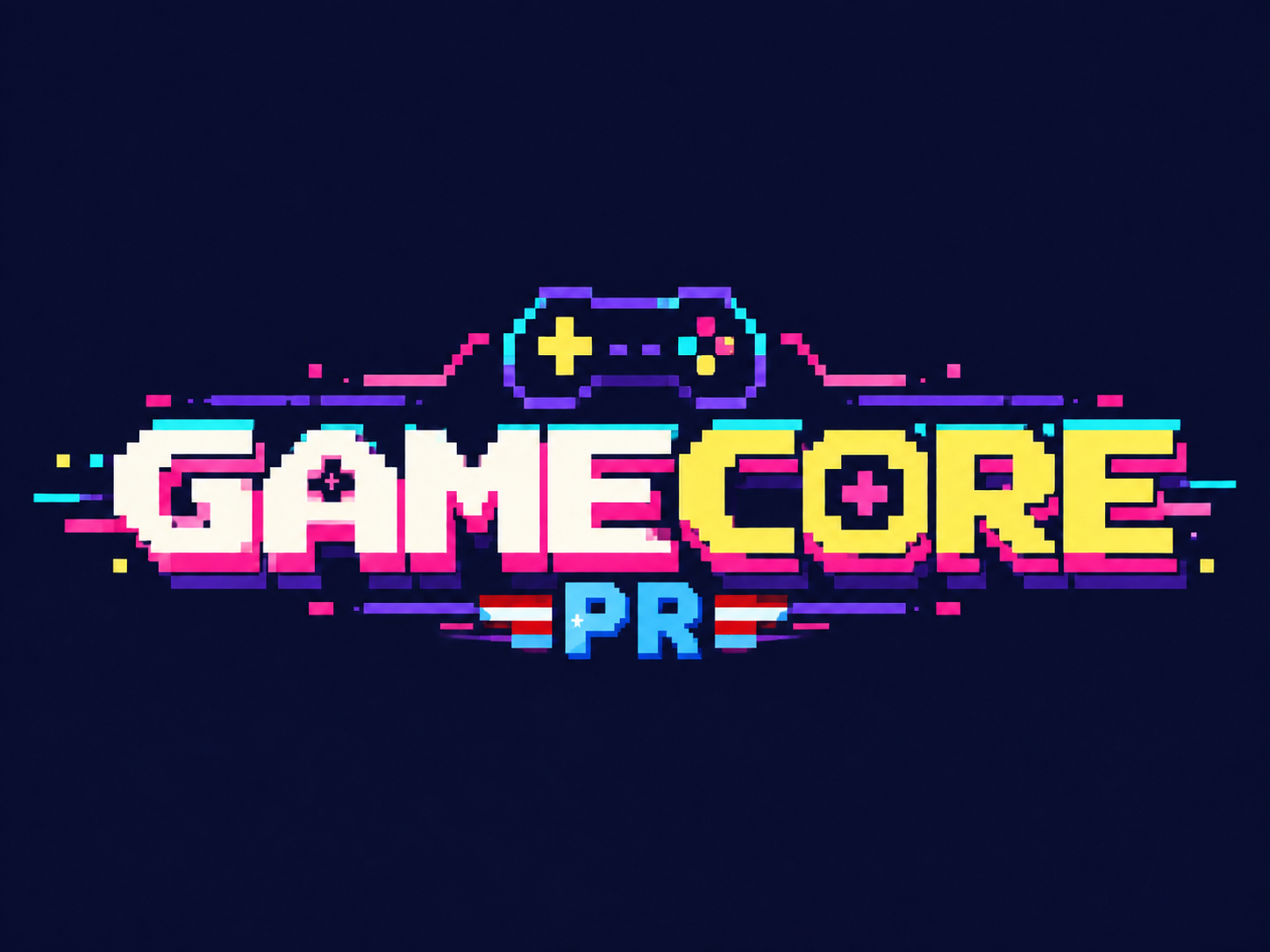 GameCorePR: control pixelado sobre el logo, con PR azul claro y franjas rojas y blancas