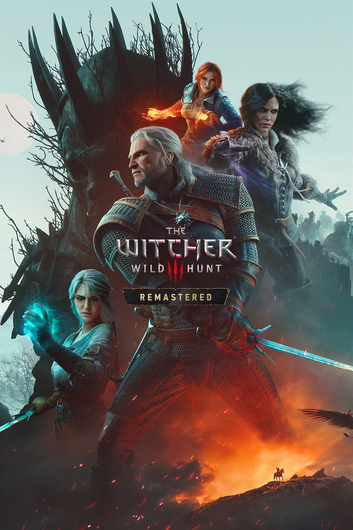 Carátula oficial de The Witcher 3: Wild Hunt — Remastered en Xbox, con Geralt, Ciri, Yennefer y Triss